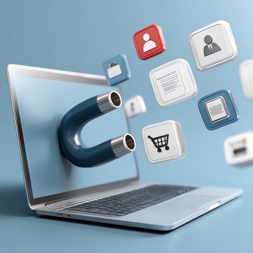 Laptop mit Magnet auf Bildschirm zieht Icons wie Bewerber, Kunden und Formulare – Webseite übernimmt zentrale Aufgaben