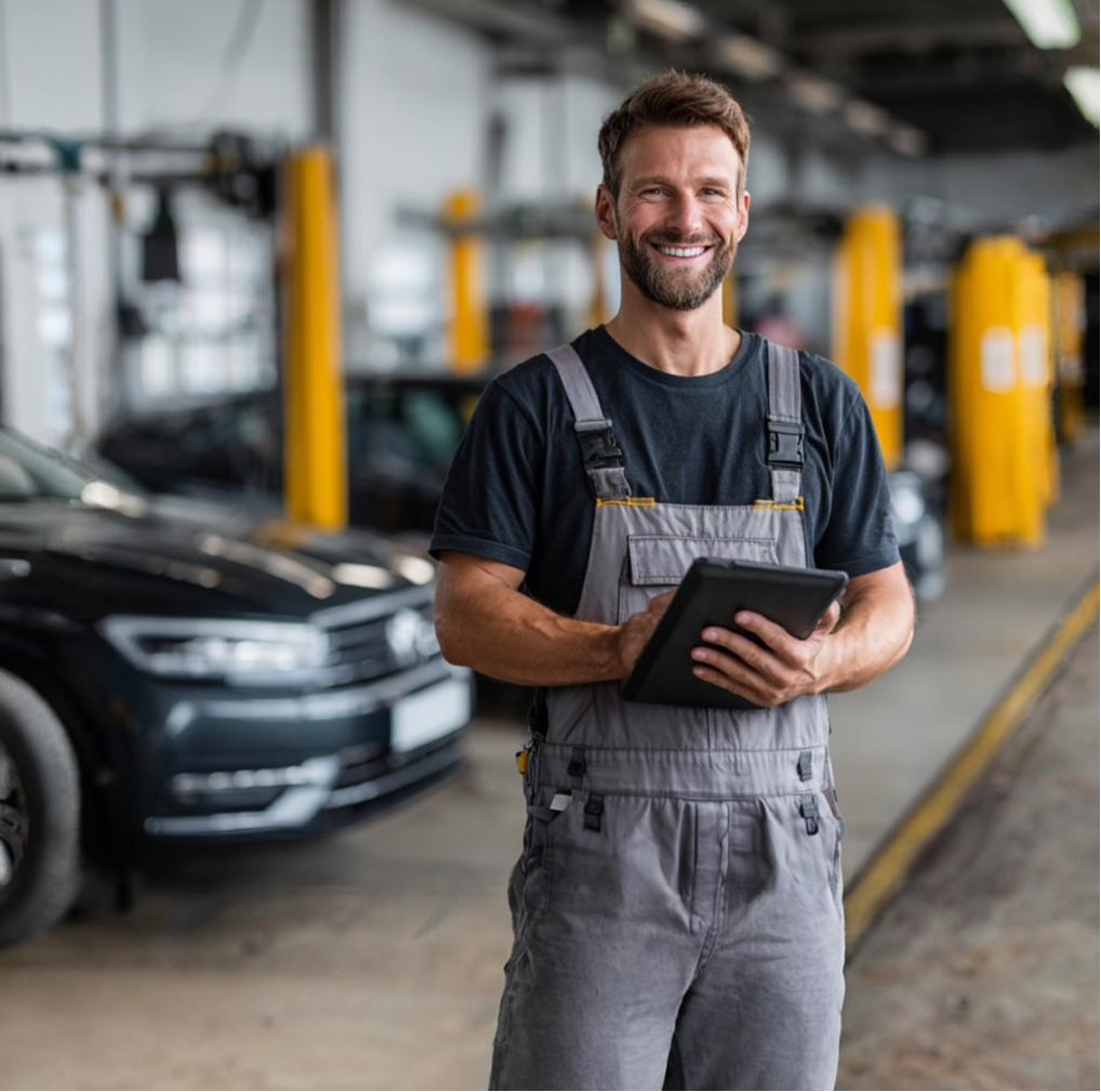KFZ-Mechaniker mit Tablet in der Werkstatt – moderne Webpräsenz für Werkstätten