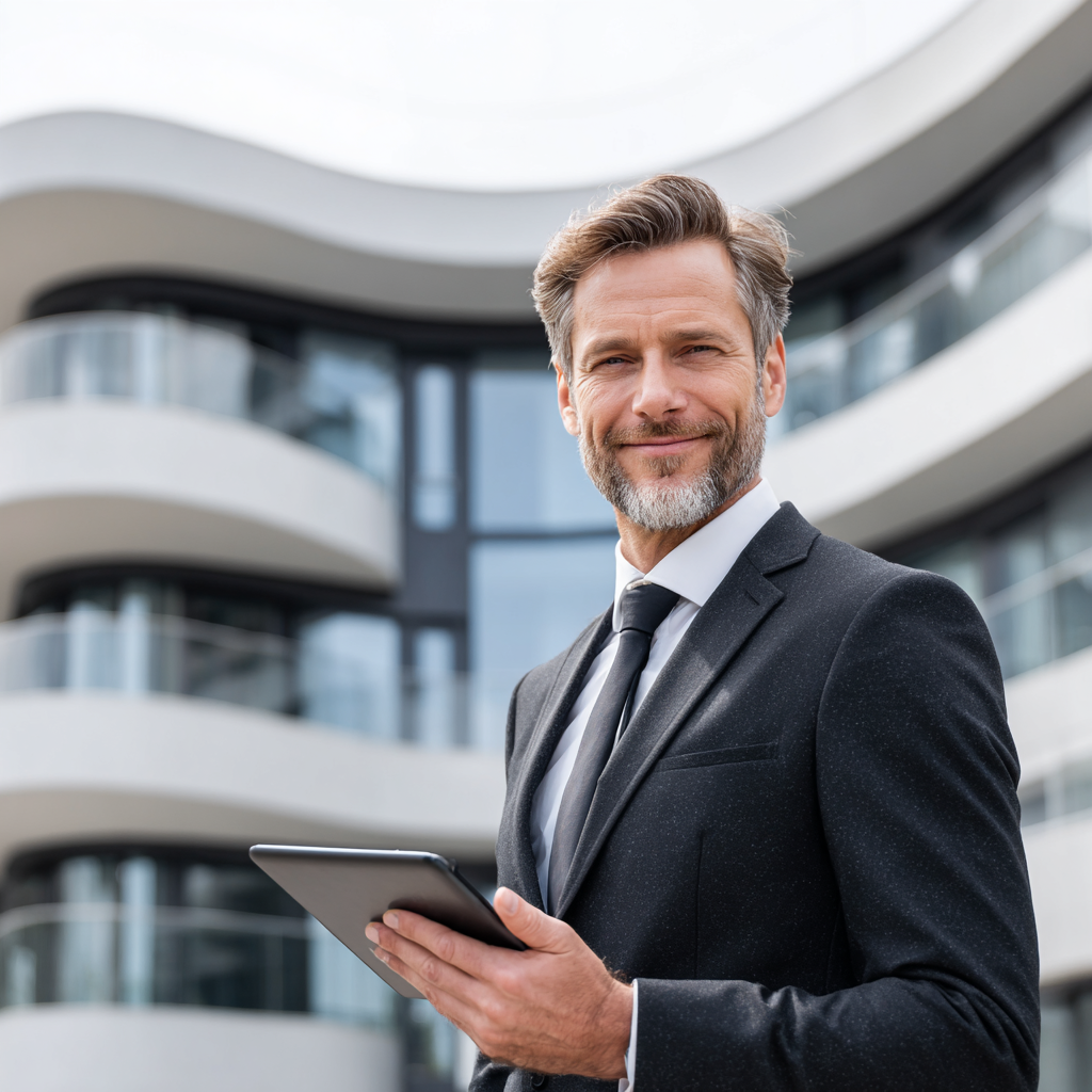 Immobilienmakler mit Tablet vor einem Haus – digitale Objektpräsentation für KMUs