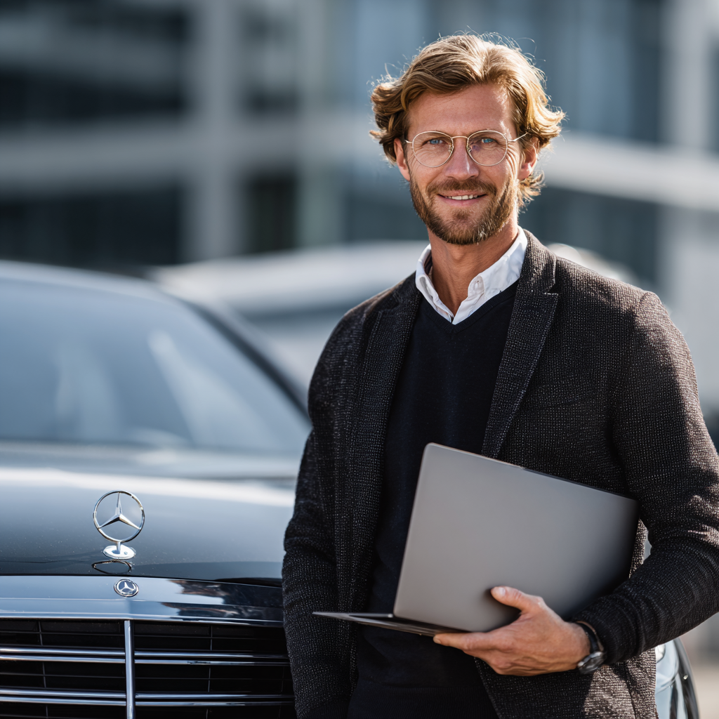 KFZ-Gutachter mit Laptop vor einem Mercedes – professionelle Fahrzeugbewertung für KMUs