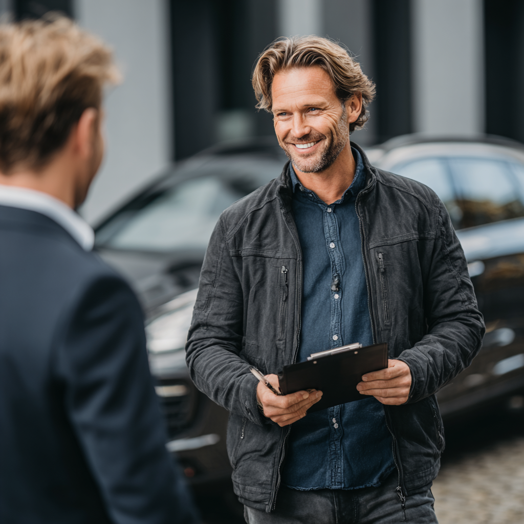 KFZ-Gutachter mit Klemmbrett und Kunde vor einem Auto – professionelle Webpräsenz für KFZ-Dienstleister