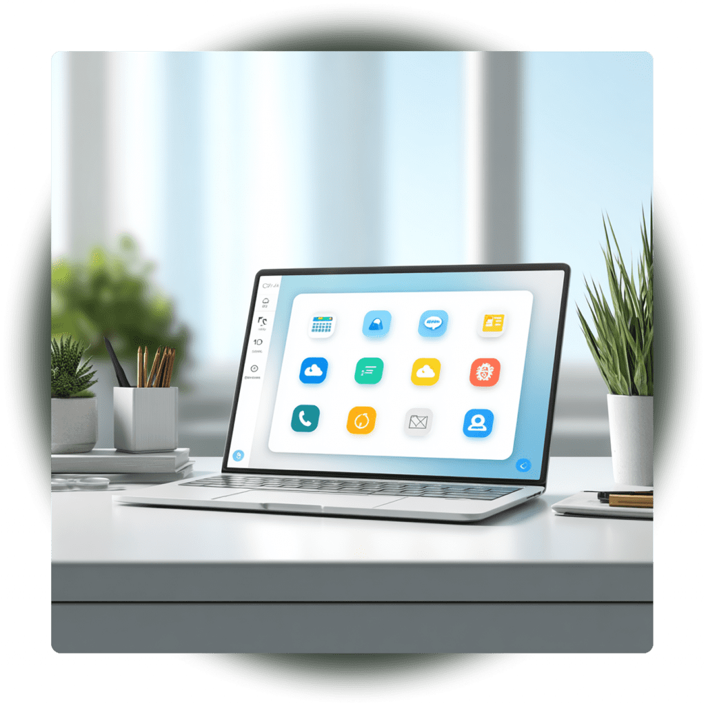 Laptop auf Schreibtisch mit Icons – Webseite übernimmt Aufgaben für KMUs