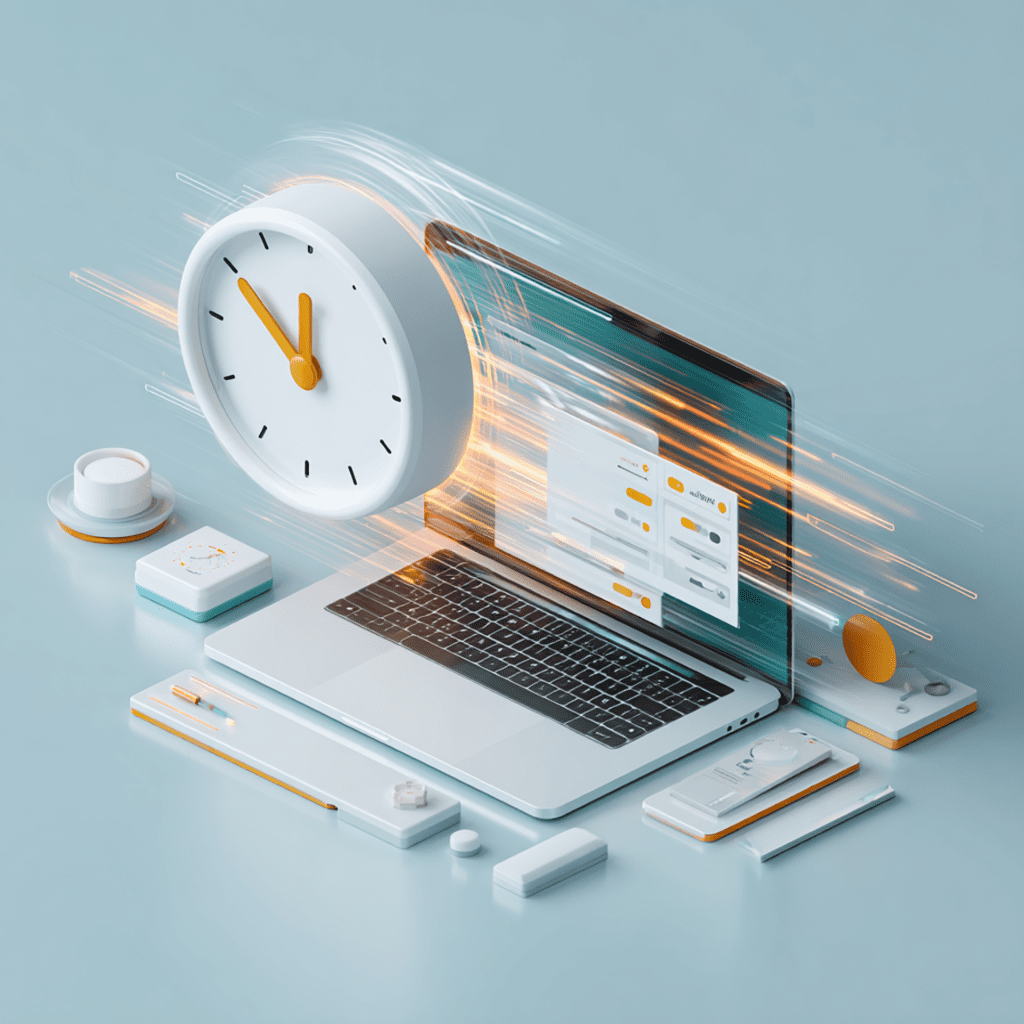 Uhr und Laptop vor hellblauem Hintergrund