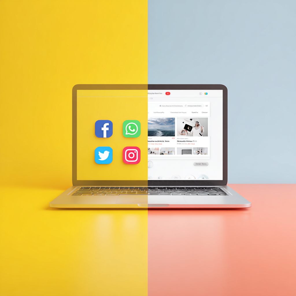Laptop mit Social Media Icons auf der einen und einer professionellen Webseite auf der anderen Seite - Vergleich zwischen Webseite und Social Media
