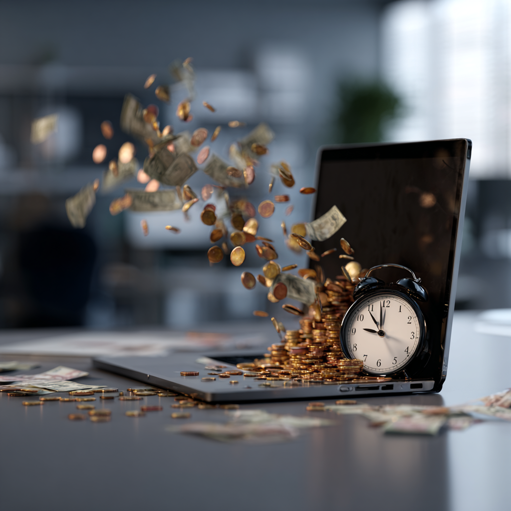Wecker, Laptop und Geldscheine im Büro