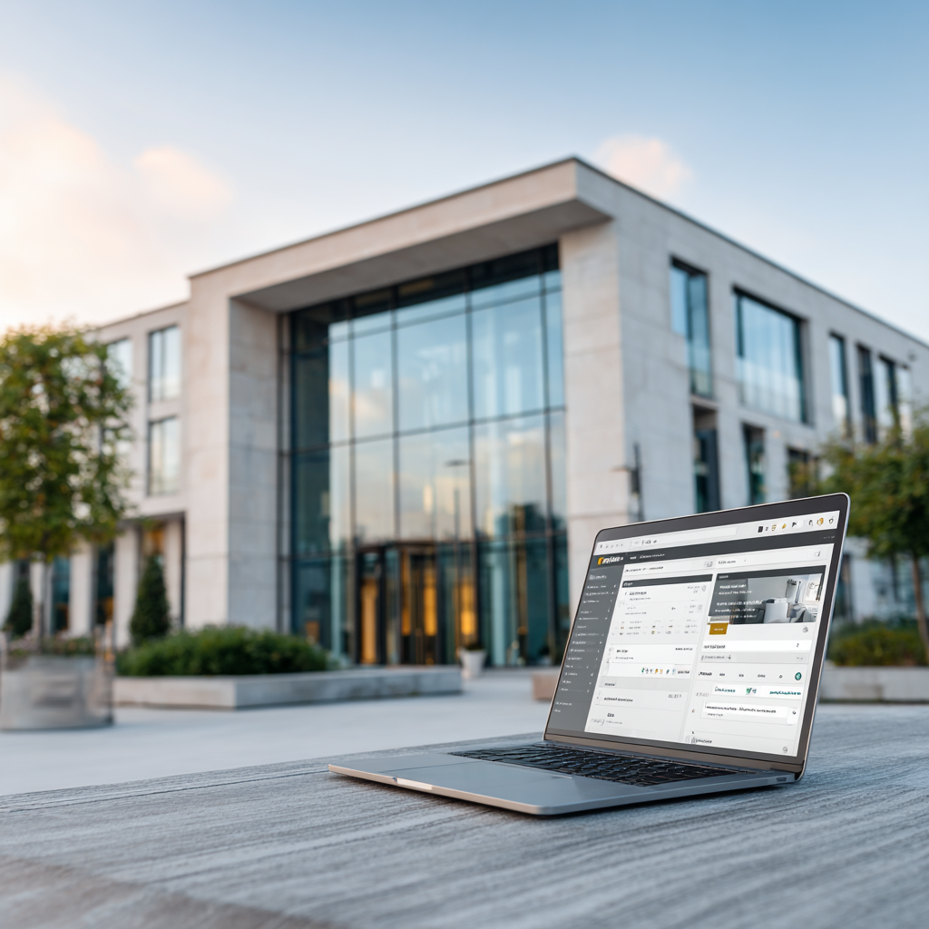 Laptop vor einer Firmenimmobilie